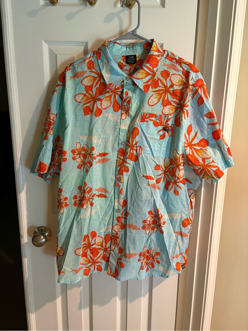 SWC Tropical Floral Short-Sleeve Button-Down Shirt in Light Blue & Orange